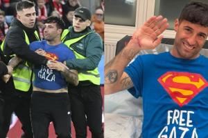 挪威vs以色列的比赛中有球迷冲进球场，T恤写着“自由加沙”口号